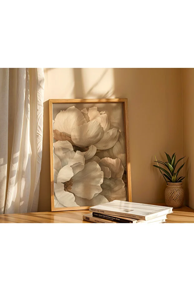 Ahşap Çerçeveli 3’lü Çiçek Tablo Seti, Modern Minimal Bej Tonlar, Salon & Oturma Odası Duvar Dekoru 30x20 Ölçülerinde